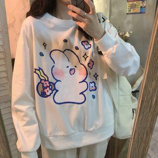 Long-sleeve Rabbit Print Loose-fit Top