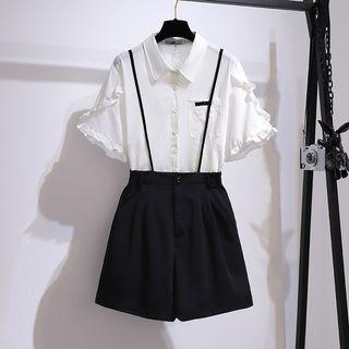 Short Sleeve Frill Trim Shirt / Plain Suspender Shorts