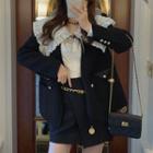 Button Coat / Lace Blouse / Irregular Hem Mini A-line Skirt