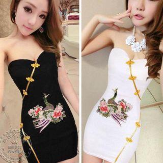 Strapless Floral Embroidered Sheath Dress