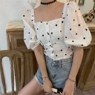 Puff-sleeve Dotted Buttoned Blouse