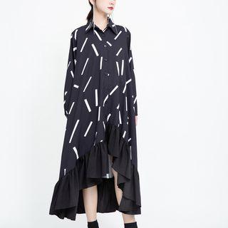 Irregular Hem Printed Long-sleeve Midi Shirtdress Black - One Size