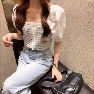 Balloon-sleeve Tweed Panel Blouse