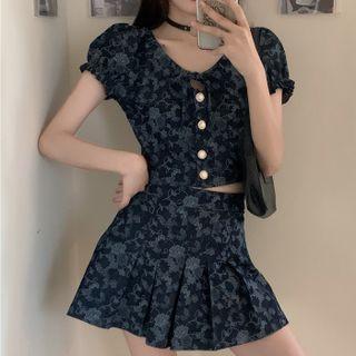 Puff-sleeve Floral Print Denim Blouse / Denim Skort