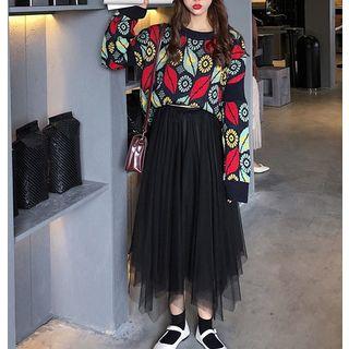 Pattern Knit Sweater / Mesh Skirt