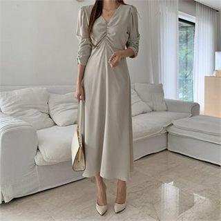 Puff-sleeve Shirred Maxi Dress