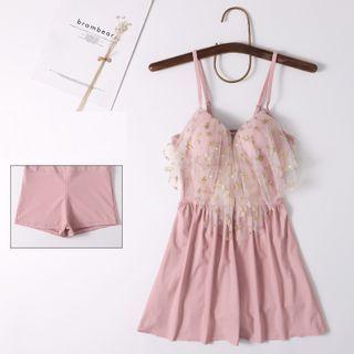 Spaghetti Strap Mesh Panel Swim Dress