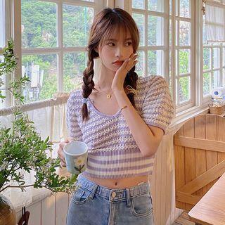 Striped Puff-sleeve Cropped Knit Top