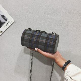 Plaid Metal Chain Strap Cylinder Clutch