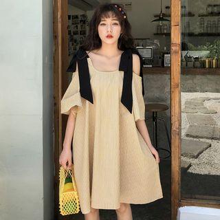3/4-sleeve Cold Shoulder Ribbon Striped A-line Dress Yellow - One Size