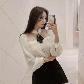 Sheer Yoke Lace-trim Blouse With Brooch