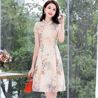 Short-sleeve Print Midi A-line Qipao Dress