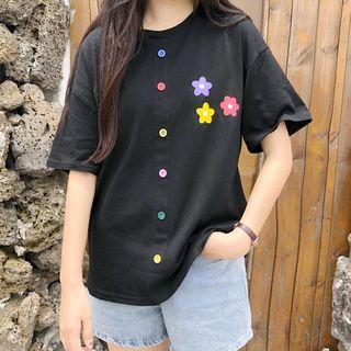 Floral Printed Colour Button T-shirt