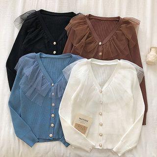 Plain Panel Lace-trim V-neck Long-sleeve Cardigan