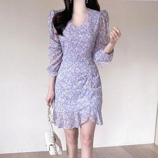 Ruffled Floral Chiffon Sheath Dress Sky Blue - One Size