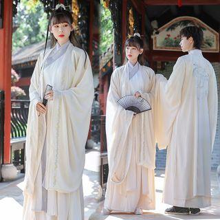 Set: Crane Embroidered Hanfu Top + Maxi Skirt / Embroidered Back Hanfu Long Light Jacket