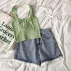 Knit Camisole Top / Lace Trim Denim Shorts