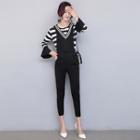 Set: Stripe Bell-sleeve Top + Dungaree