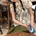 Short-sleeve Floral Print Sheer Shirt / Pleated Mini A-line Skirt