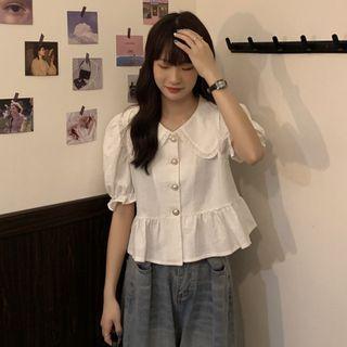 Puff-sleeve Lace Trim Collar Faux Pearl Button Blouse