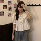 Puff-sleeve Lace Trim Collar Faux Pearl Button Blouse