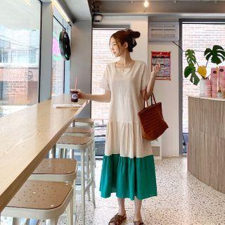 Square-neck Color-block Tiered Dress Beige - One Size