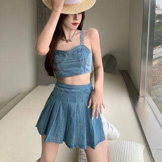 Denim Camisole Top / Pleated Mini A-line Skirt