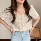 Short-sleeve Perforated Lace Top Almond - One Size