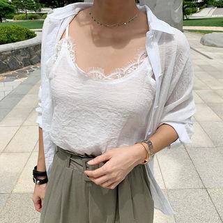 Set: Loose-fit Sheer Shirt + Spaghetti-strap Lace-detail Top