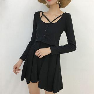 Set: Cross Strap Sleeveless Dress + Cropped Cardigan