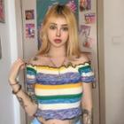 Short-sleeve Off-shoulder Striped Knit Crop Top Multicolor - One Size
