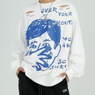 Cartoon Print Distressed Pullover