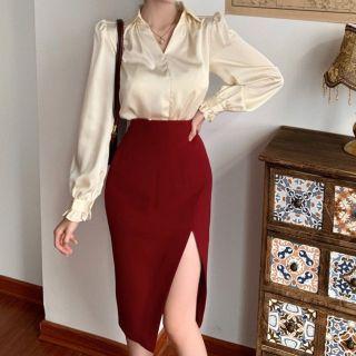 Set: Loose-fit Plain Blouse + Slit-front Skirt