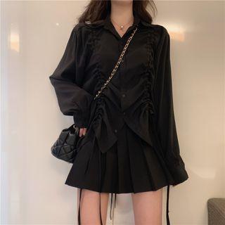 Long-sleeve Drawstring Shirt / Pleated A-line Skirt