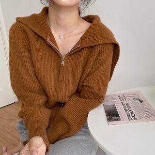 Sailor Collar Zip-up Ribbed Cardigan