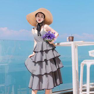 Plaid Tiered Spaghetti Strap Midi Dress