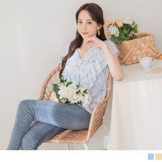 Flutter-sleeve Flower Print Chiffon Blouse