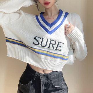Lettering Print Cropped V-neck Sweater