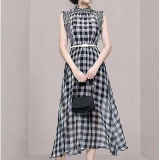 Sleeveless Gingham Check Midi A-line Dress