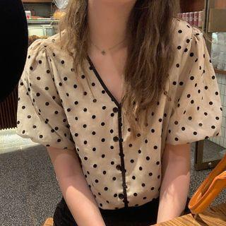 Puff Short-sleeve V-neck Dotted Top