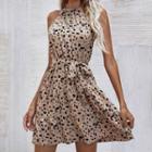 Sleeveless Tie-waist Leopard Print Tiered Mini A-line Dress