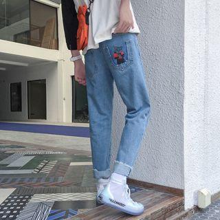 Cat Print Straight Cut Jeans