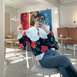 Puff-sleeve Flower-pattern Sweater