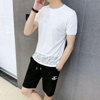 Set: Short-sleeve Lettering T-shirt + Embroidered Shorts
