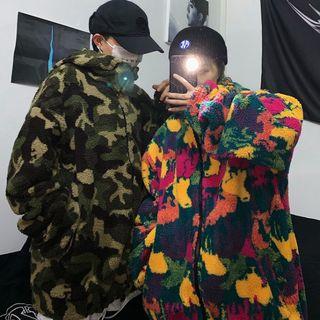 Couple Matching Faux Shearling Camo Print Zip Jacket