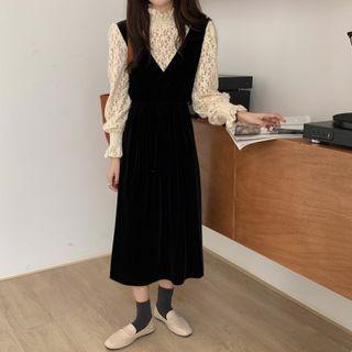 Mock Two-piece Lace Panel Midi Dress Black - One Size