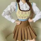 Puff-sleeve Shirt / Argyle Sweater Vest / Pleated Mini A-line Skirt