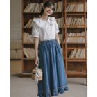 Floral Embroidered Denim Maxi A-line Skirt / Elbow-sleeve Collar Blouse