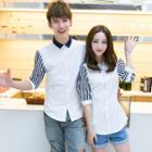 Couple Matching Striped Elbow-sleeve Shirt