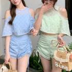 Set: Cold-shoulder Blouse + Camisole Top + Drawstring Shorts